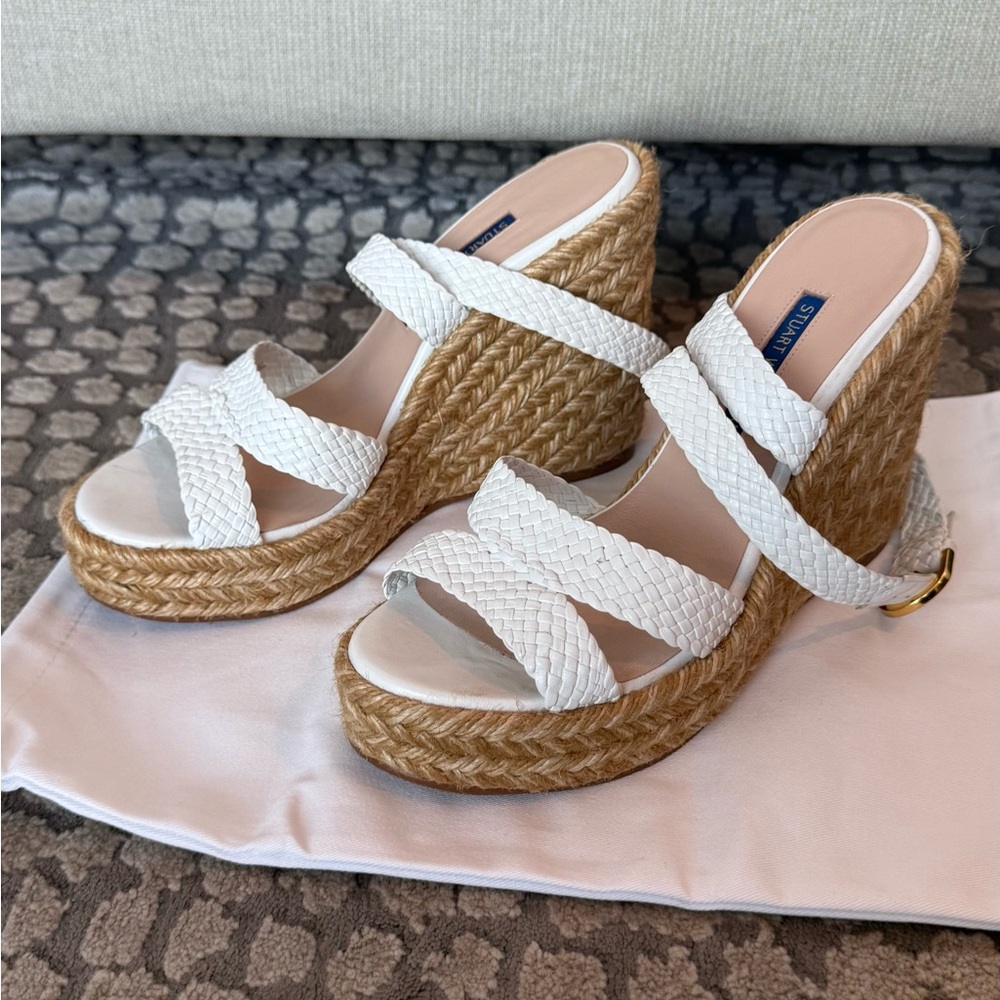 Stuart Weitzman White and Tan Braided Wedges